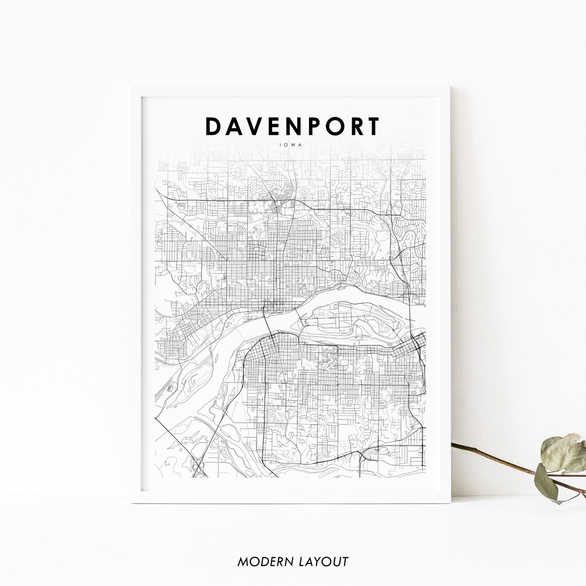 Davenport Iowa Minimalist Black White Street City Map Poster