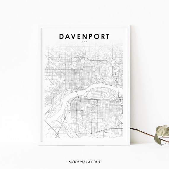 Davenport Iowa Minimalist Black White Street City Map Poster