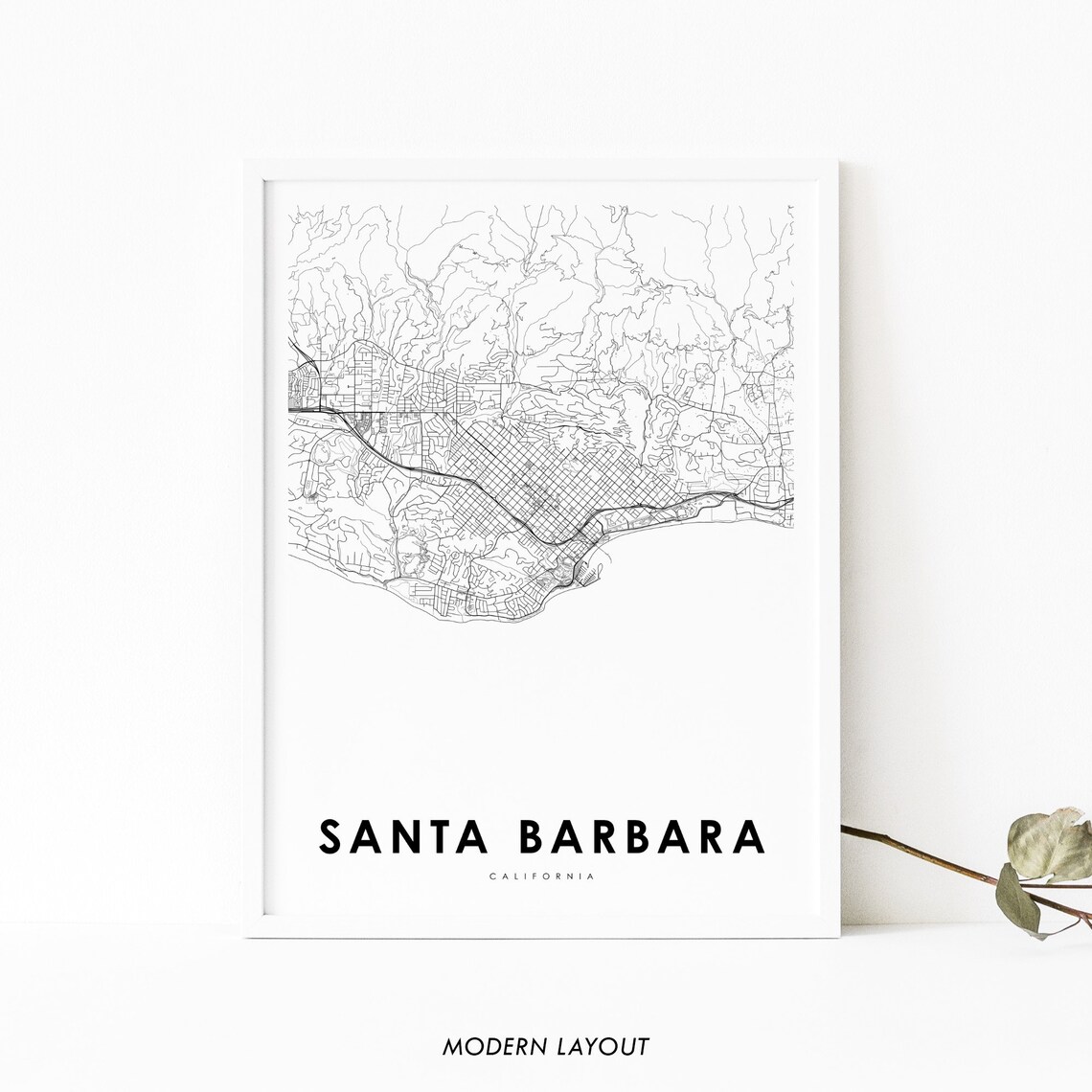 Santa Barbara CA Map Print, City Street Road Poster