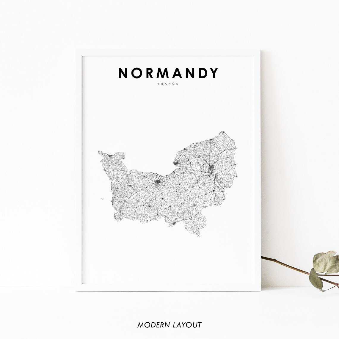 Normandy France Minimalist Region Street Map Black White Print
