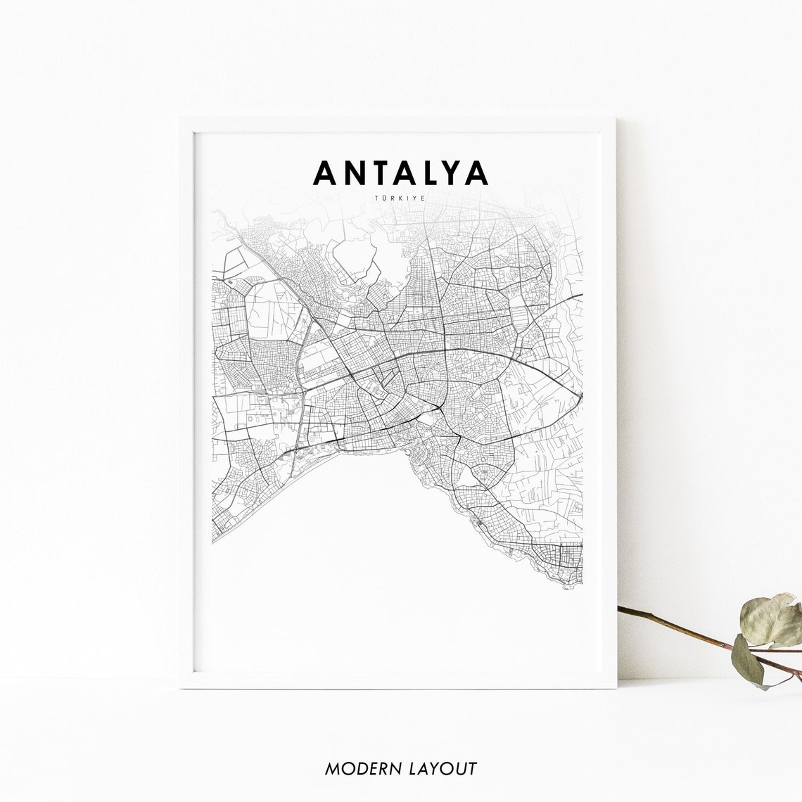 Antalya Türkiye Minimalist Line Art City Map Modern Black White Poster