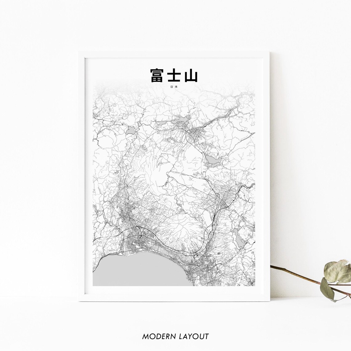 Mount Fuji Japan Minimalist Area Map With Japanese Kanji Title Art Poster