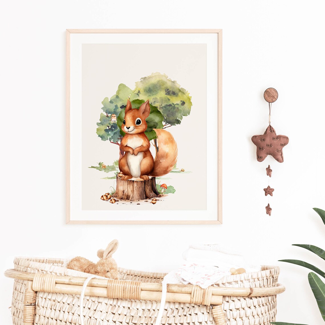 Red Squirrel On Tree Stump Watercolor Woodland Nursery Animal Poster - Image 6