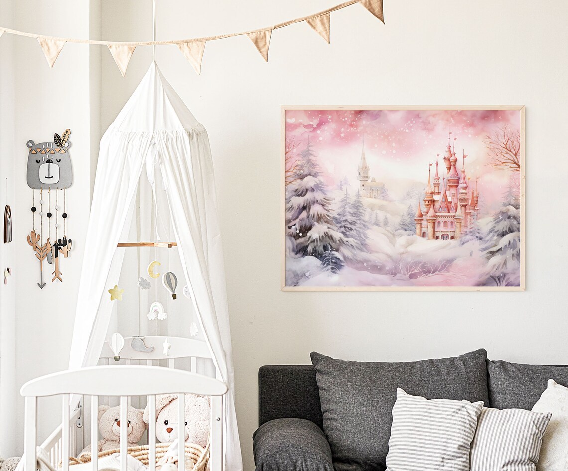Pink Watercolor Castle Snowy Winter Forest Christmas Art Poster - Image 4