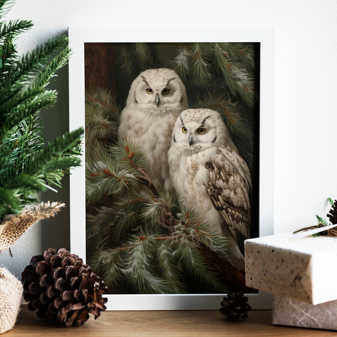Two White Snowy Owls Perched in a Pine Tree Winter Bird Poster - Image 5
