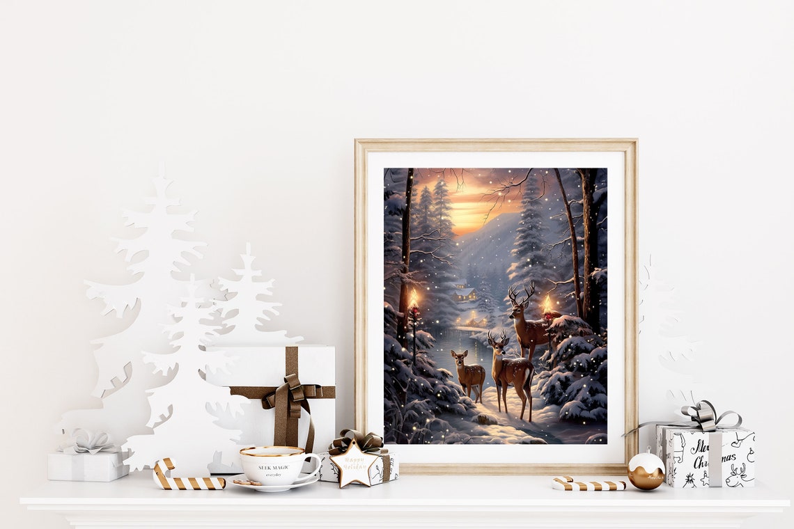 Deer Family Snowy Forest Sunset Winter Woodland Holiday Poster - Image 2