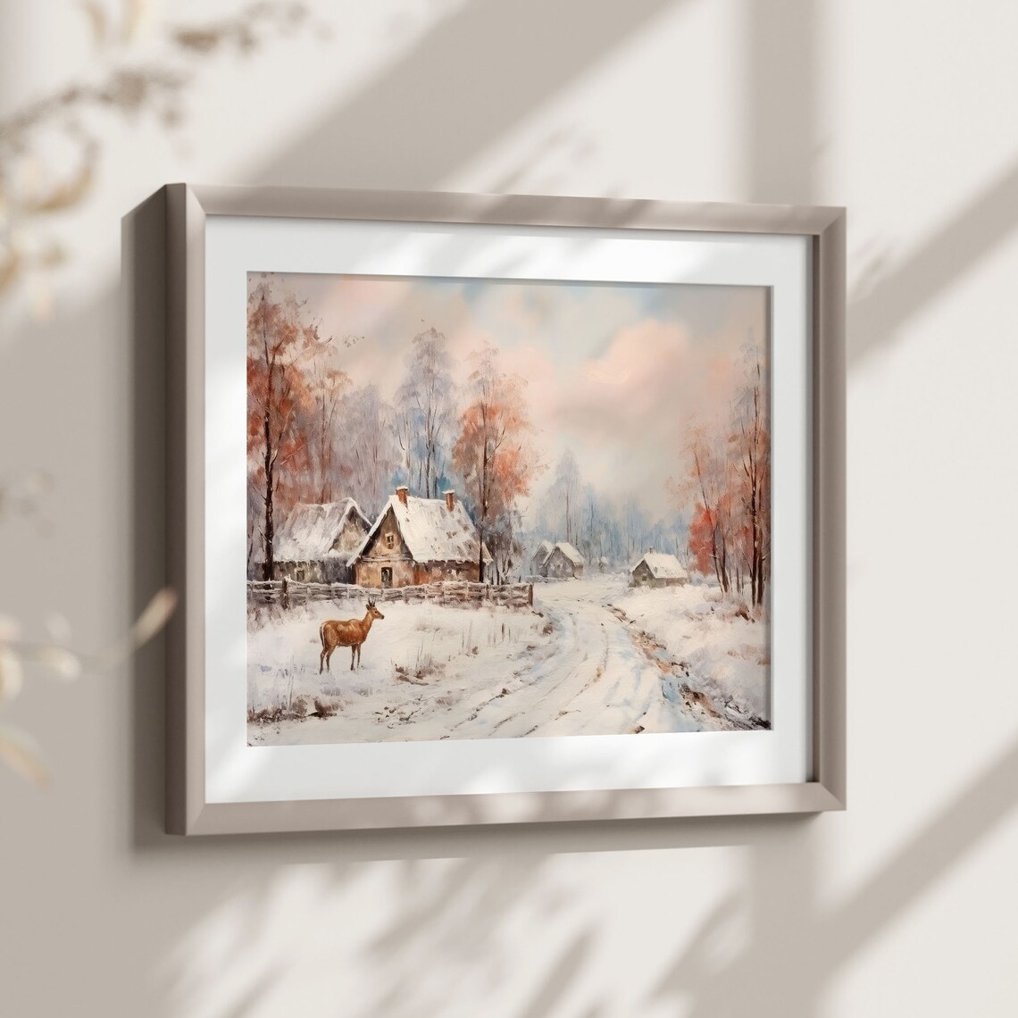 Winter Cabin Deer Snowy Woods Pink Dusk Cozy Christmas Poster