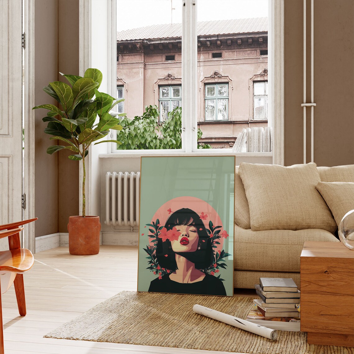 Neo Pop Woman with Flowers on Face Vintage Style Portrait Wall Art - Image 4