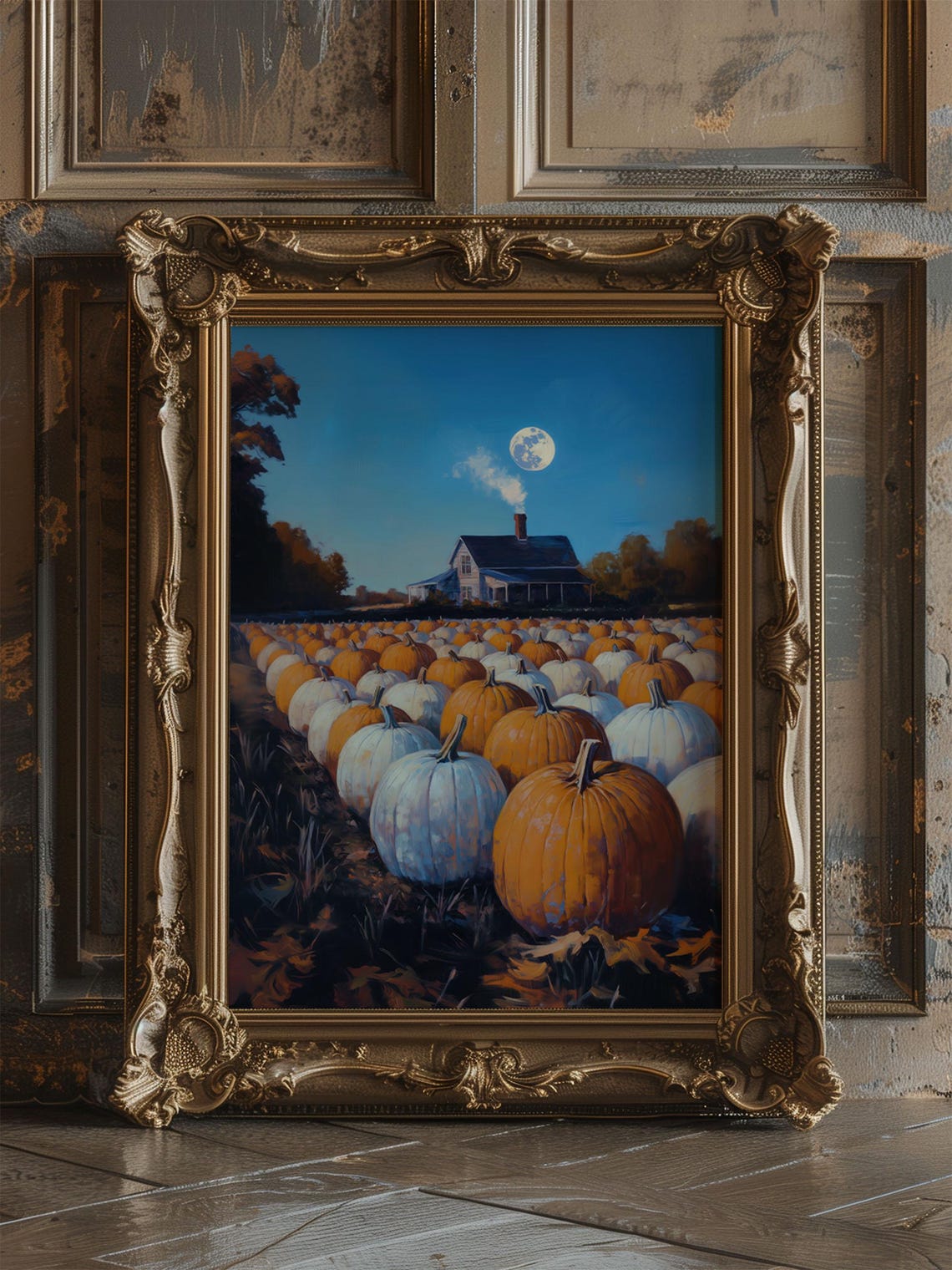 Spooky Pumpkin Patch Farmhouse Full Moon Fall Harvest Art Poster - Image 4