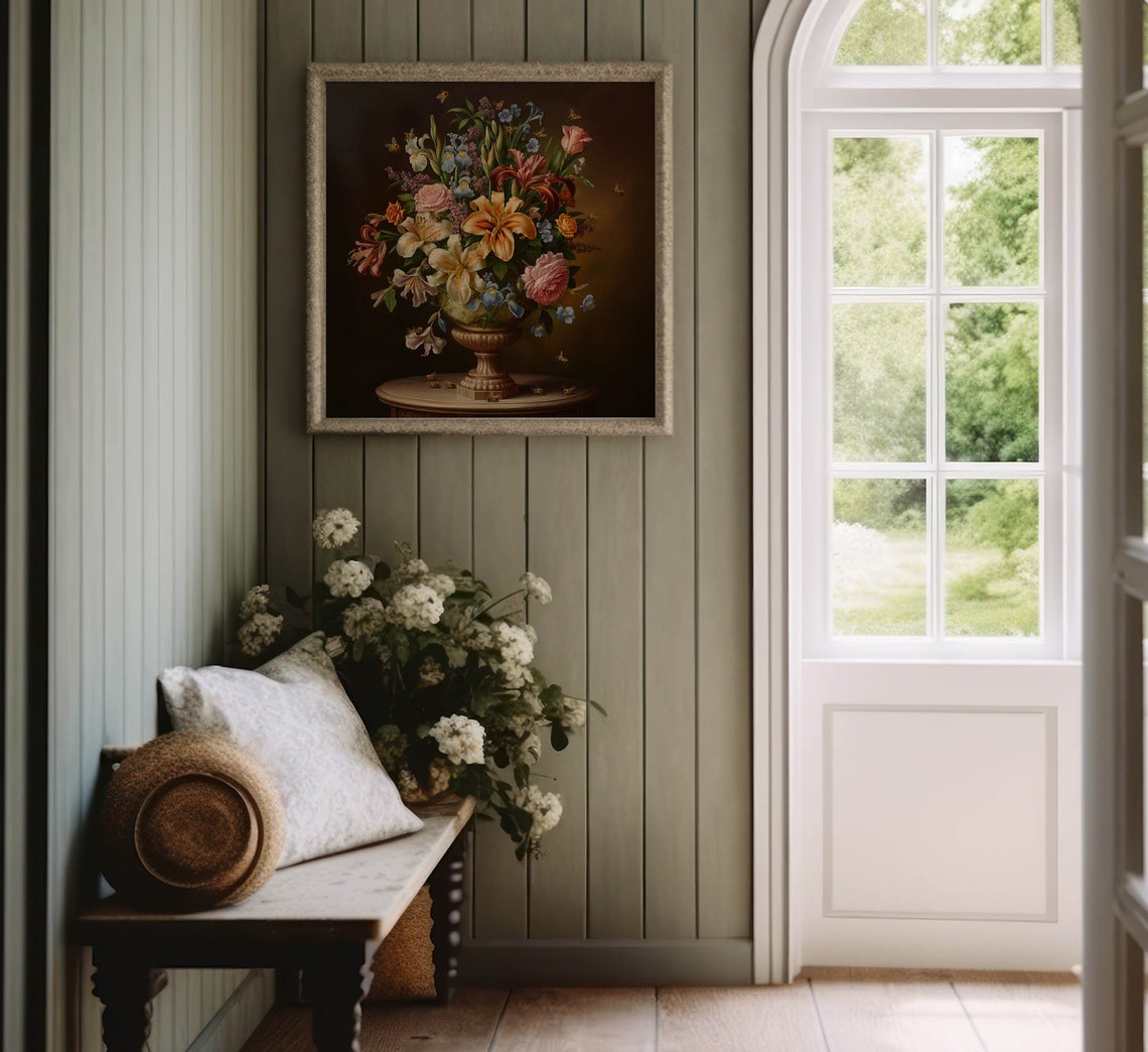 Dark Moody Floral Still Life Lush Bouquet Bumblebee Vintage Poster - Image 7