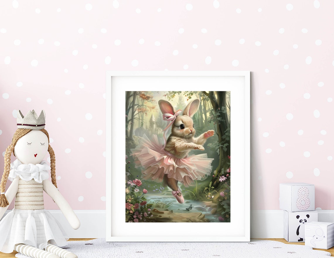 Dancing Bunny Ballerina Pink Bow Tutu Magical Woodland Stream Poster - Image 4