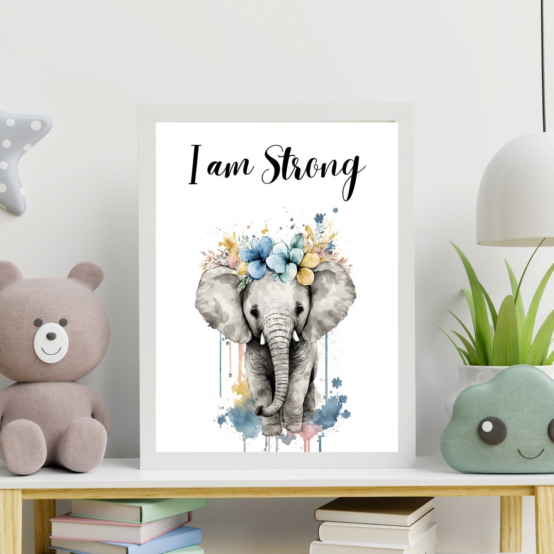 I Am Strong Elephant Flower Crown Nursery Watercolor Art Print - Image 8
