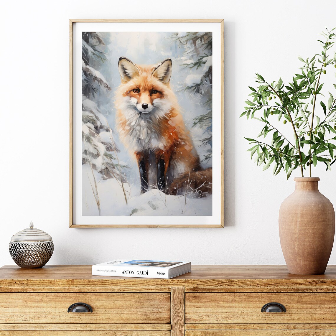 Red Fox Sitting in a Snowy Fir Forest Watercolor Animal Art Print - Image 8