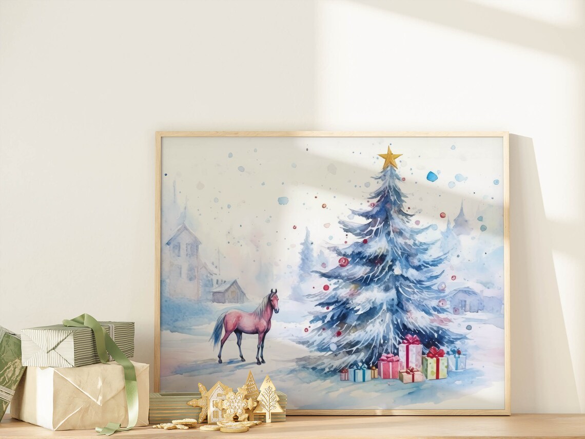 Blue Christmas Tree Pink Horse Gifts Watercolor Holiday Art Print - Image 7