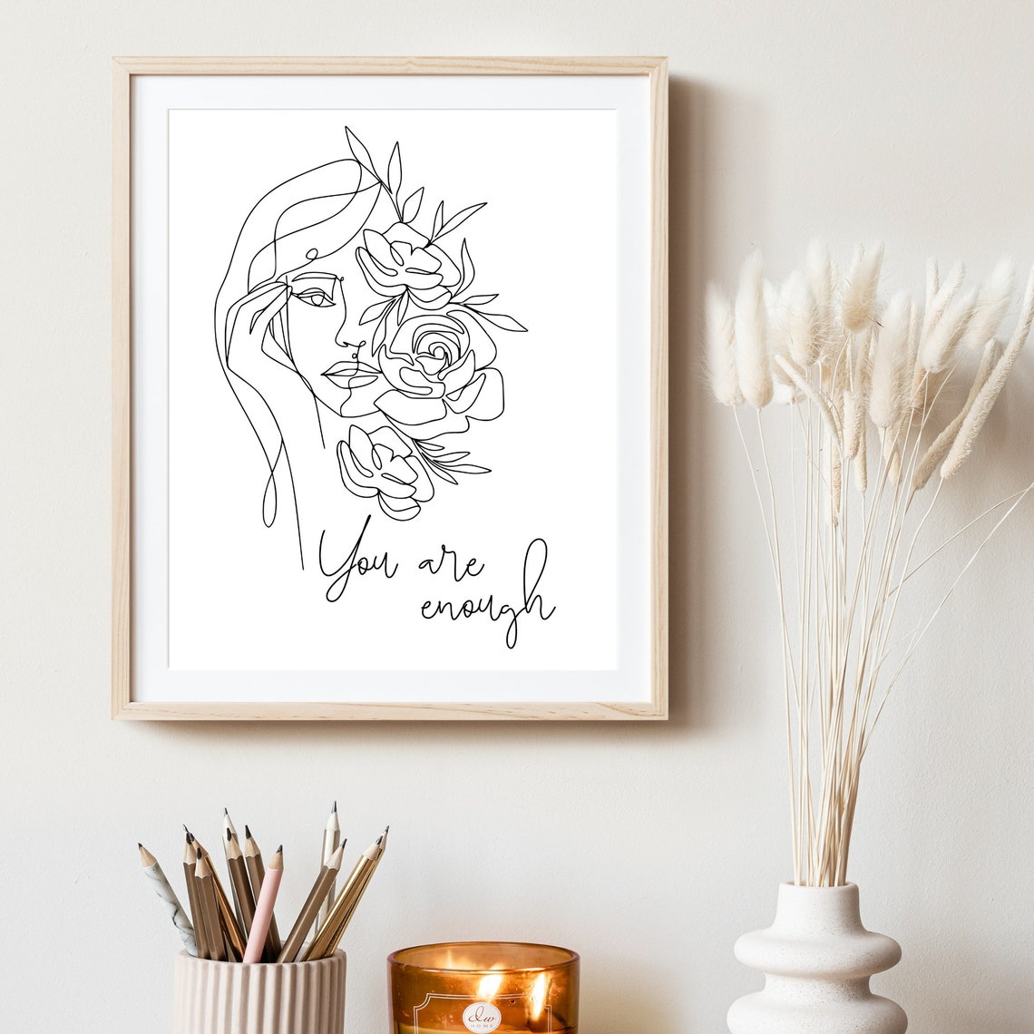 You Are Enough Floral Line Art Woman White Minimalist Poster - Image 4