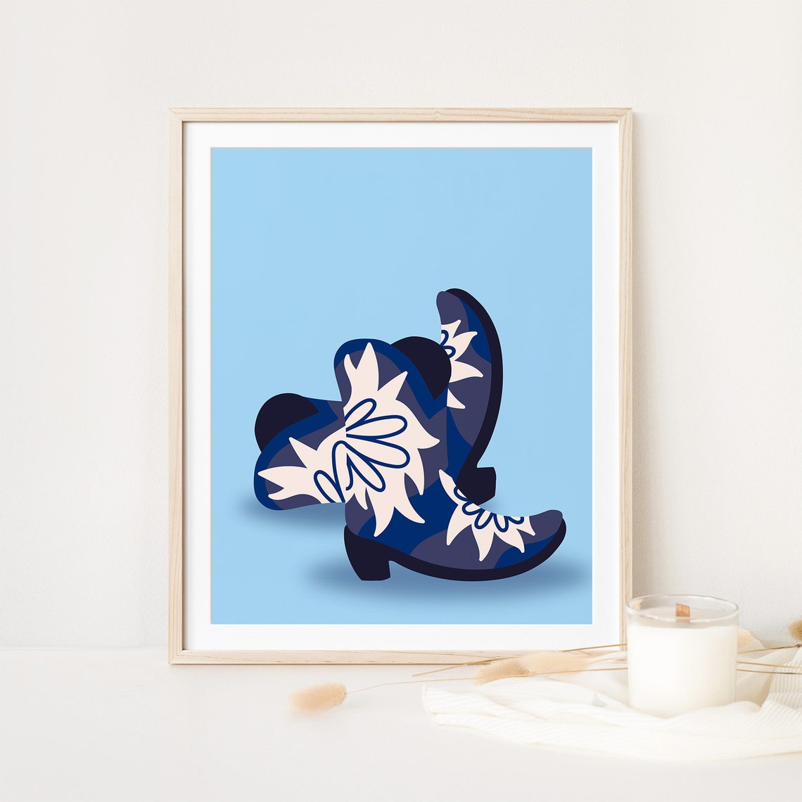 Blue Floral Cowboy Boots Coastal Cowgirl Western Style Wall Art - Image 3
