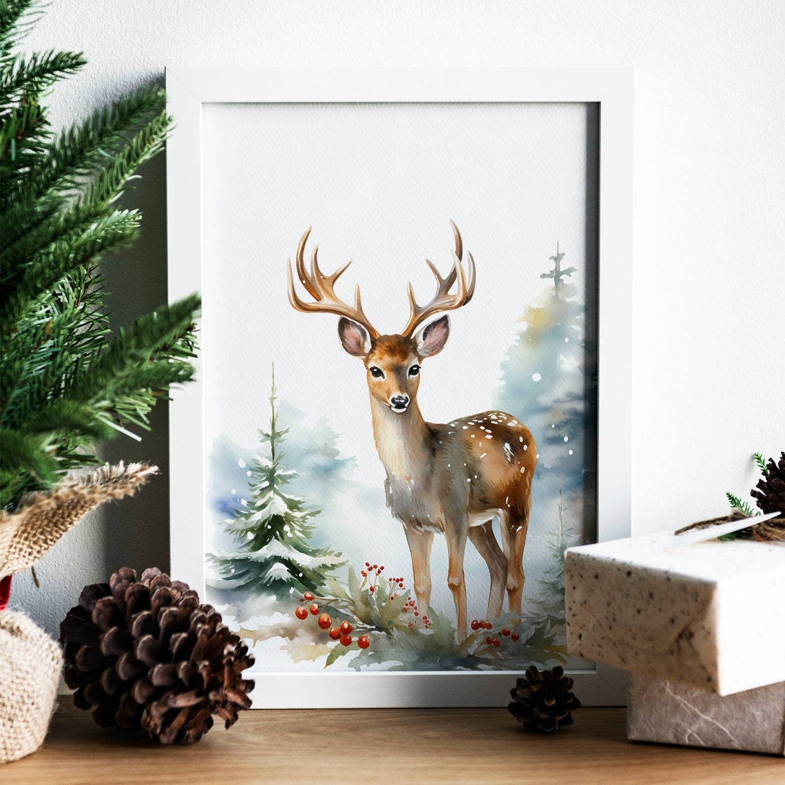 Watercolor Deer Antlers Snowy Forest Red Berries Winter Poster - Image 7