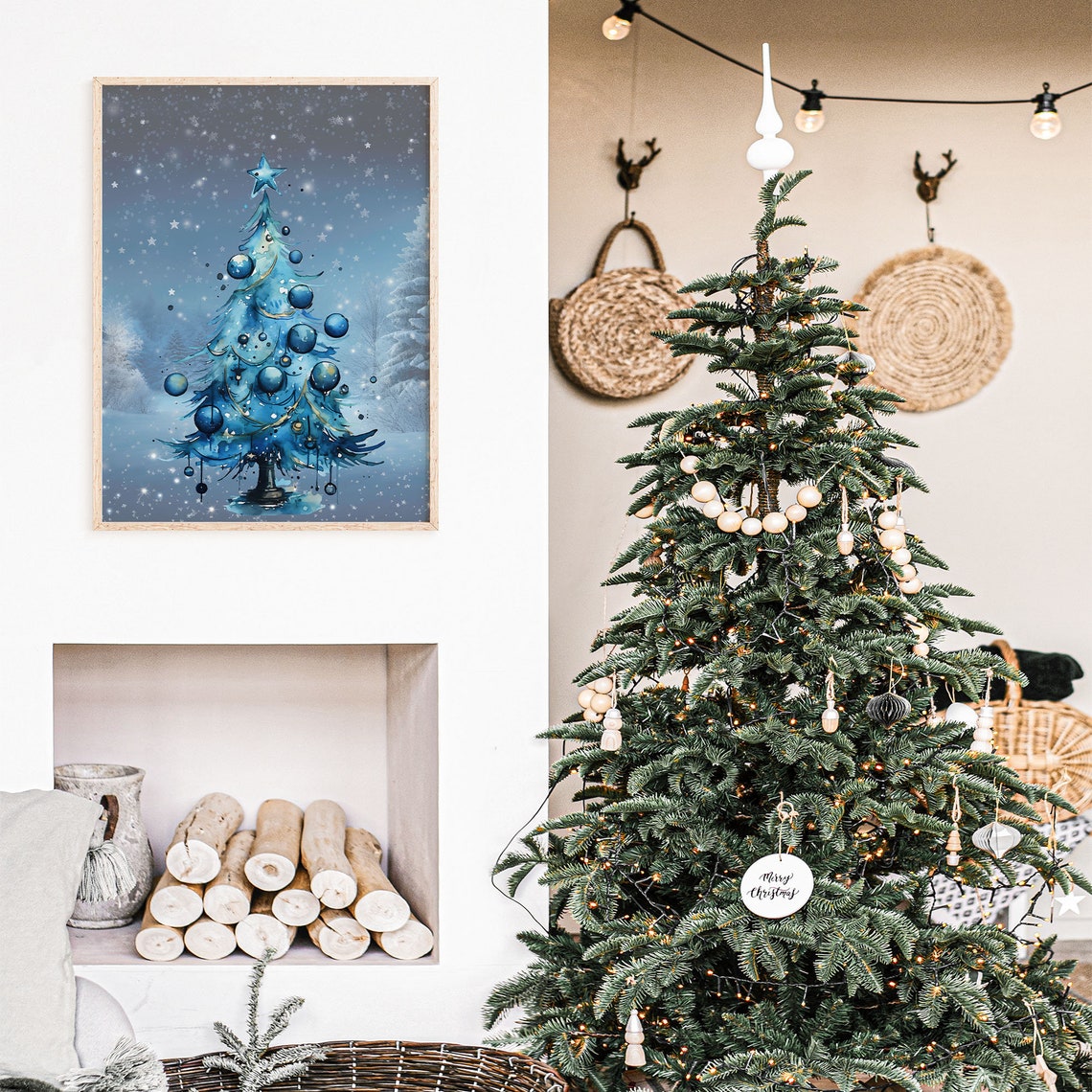 Blue Watercolor Christmas Tree Starry Snowy Night Holiday Poster - Image 3
