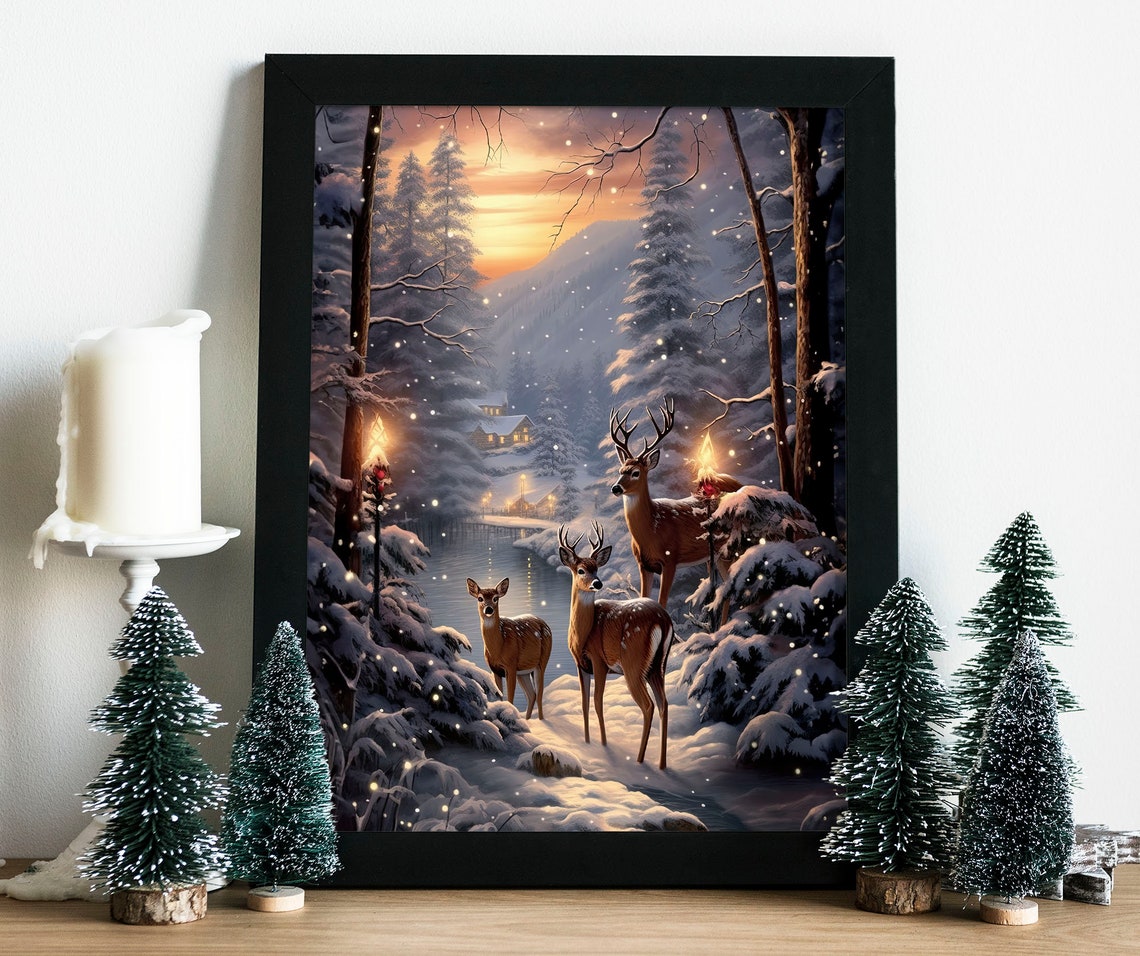 Deer Family Snowy Forest Sunset Winter Woodland Holiday Poster - Image 3