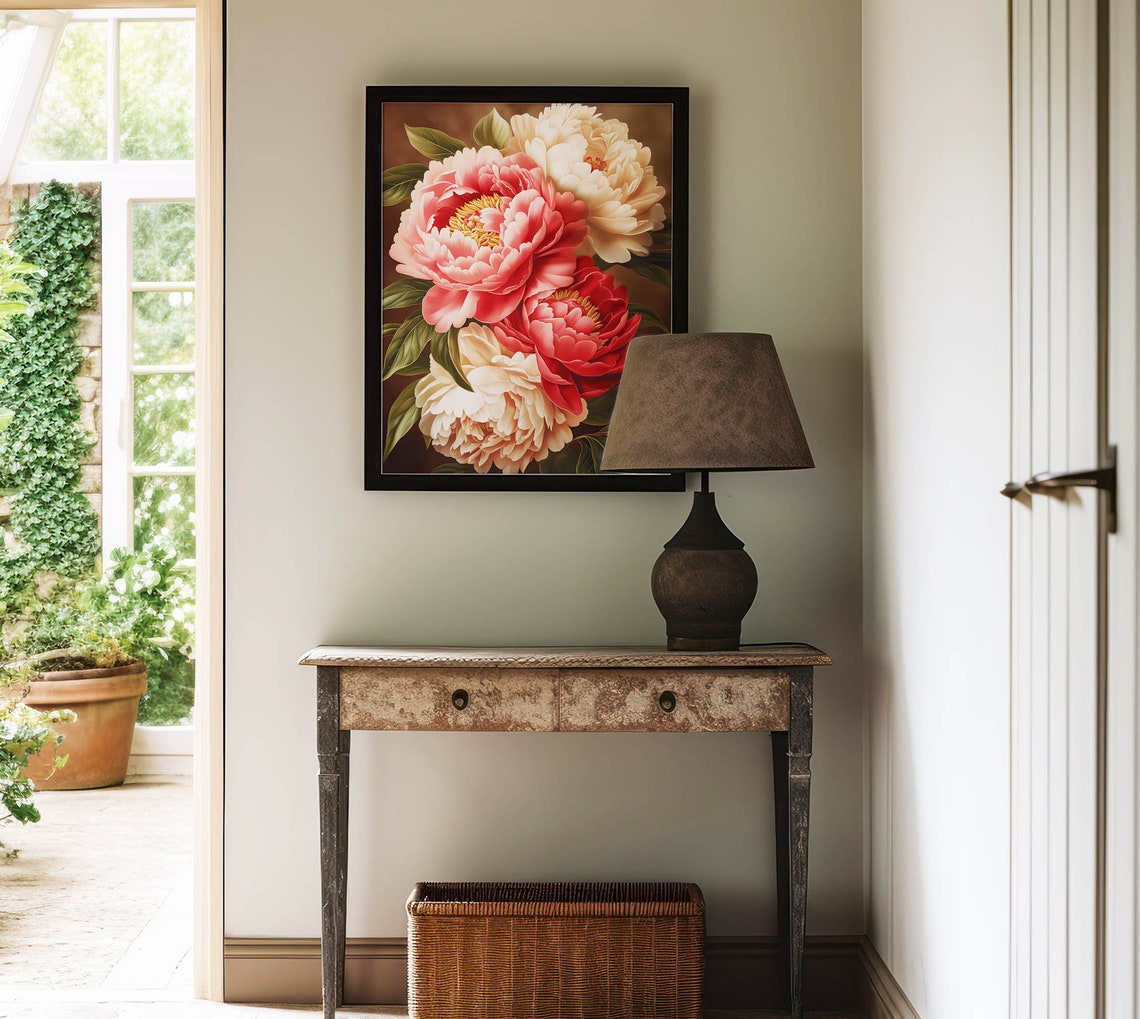 Pink Red Cream Peonies Dark Brown Background Botanical Floral Poster - Image 6