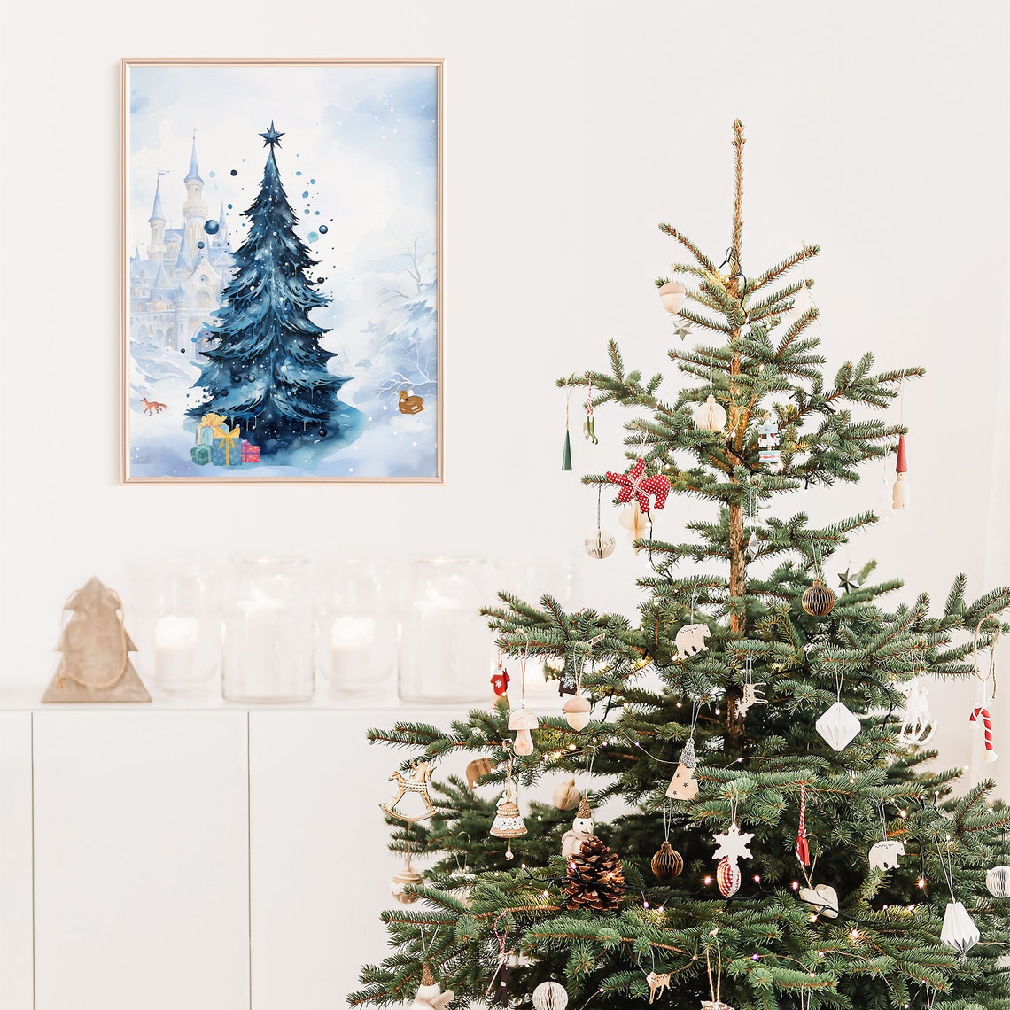 Blue Watercolor Christmas Tree Fairy Tale Castle Snowy Poster - Image 4