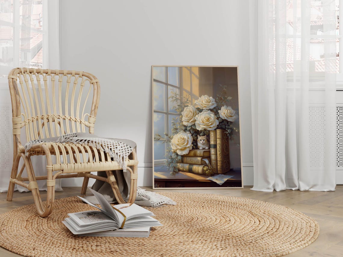 Cream Cat Among White Roses and Vintage Books Library Art Print - Image 2