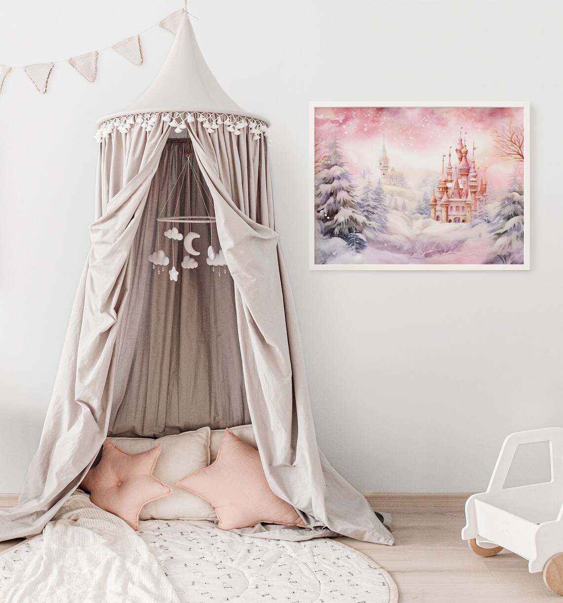 Pink Watercolor Castle Snowy Winter Forest Christmas Art Poster - Image 3