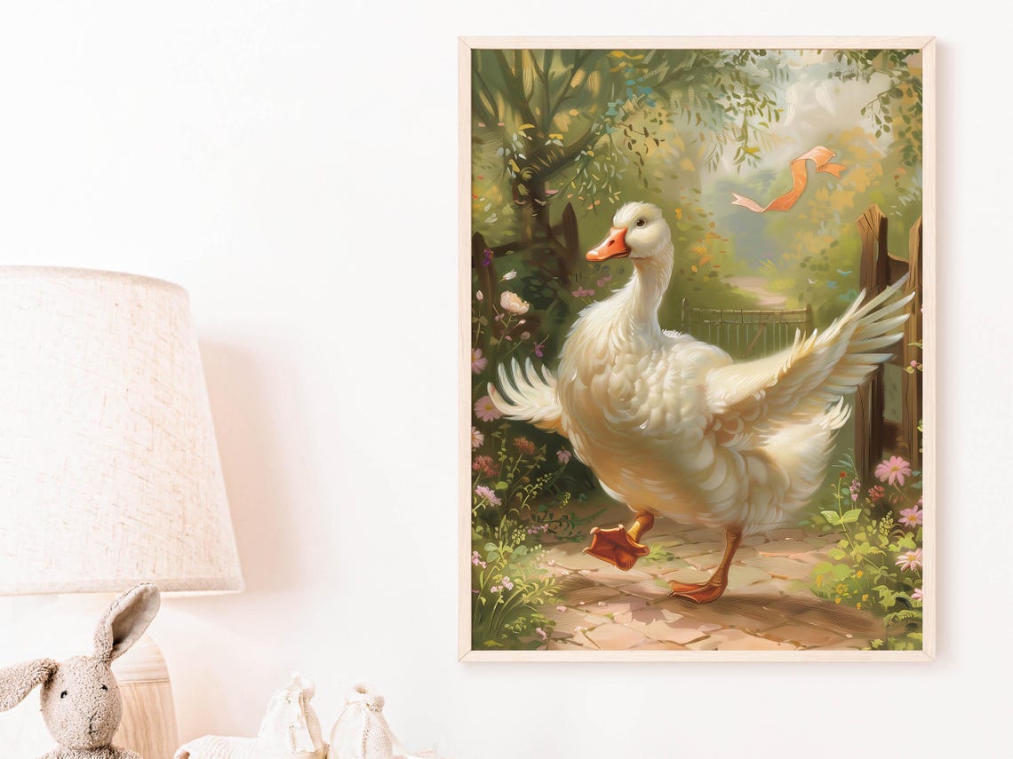 Silly White Goose Strutting Flower Garden Path Whimsical Kids Poster - Image 4