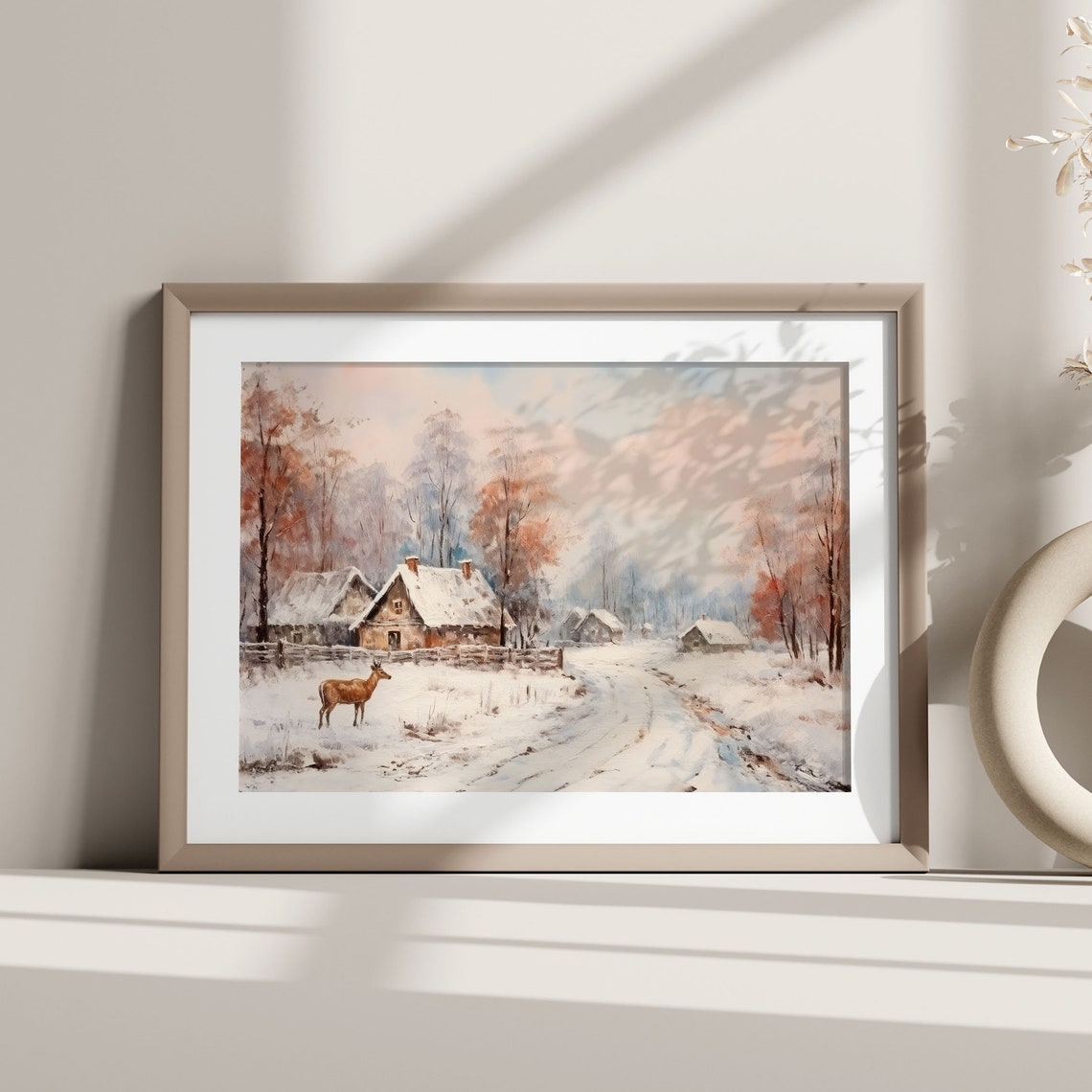 Winter Cabin Deer Snowy Woods Pink Dusk Cozy Christmas Poster - Image 4