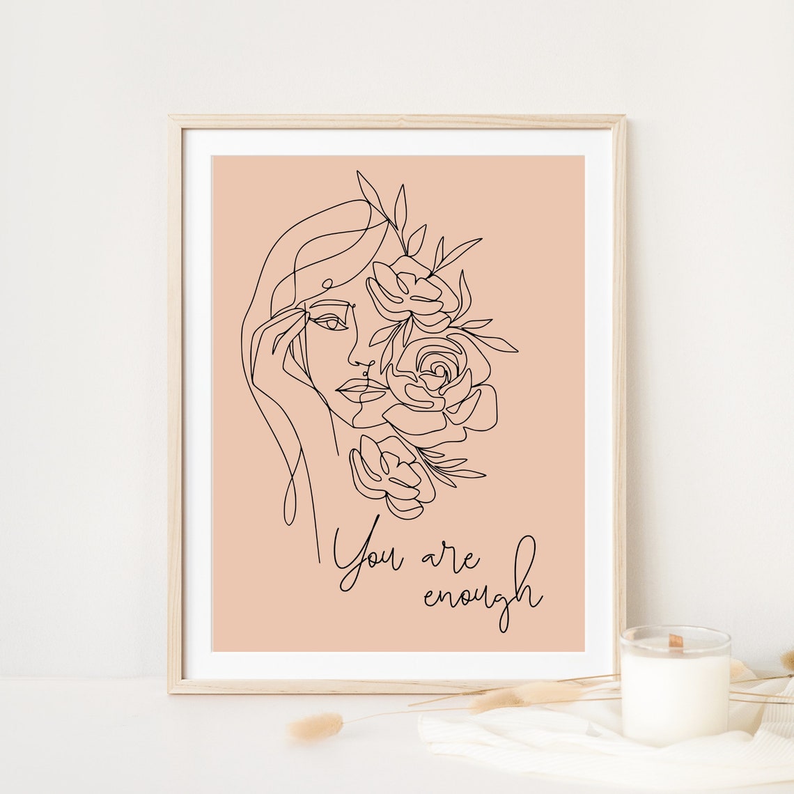 You Are Enough Line Art Woman Peach Floral Minimalist Poster - Image 4