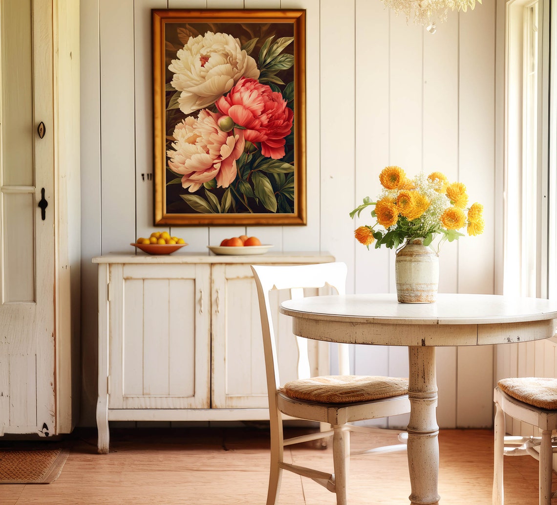 Three Large Peony Flowers Cream Coral Red Dark Painterly Floral Poster - Image 4
