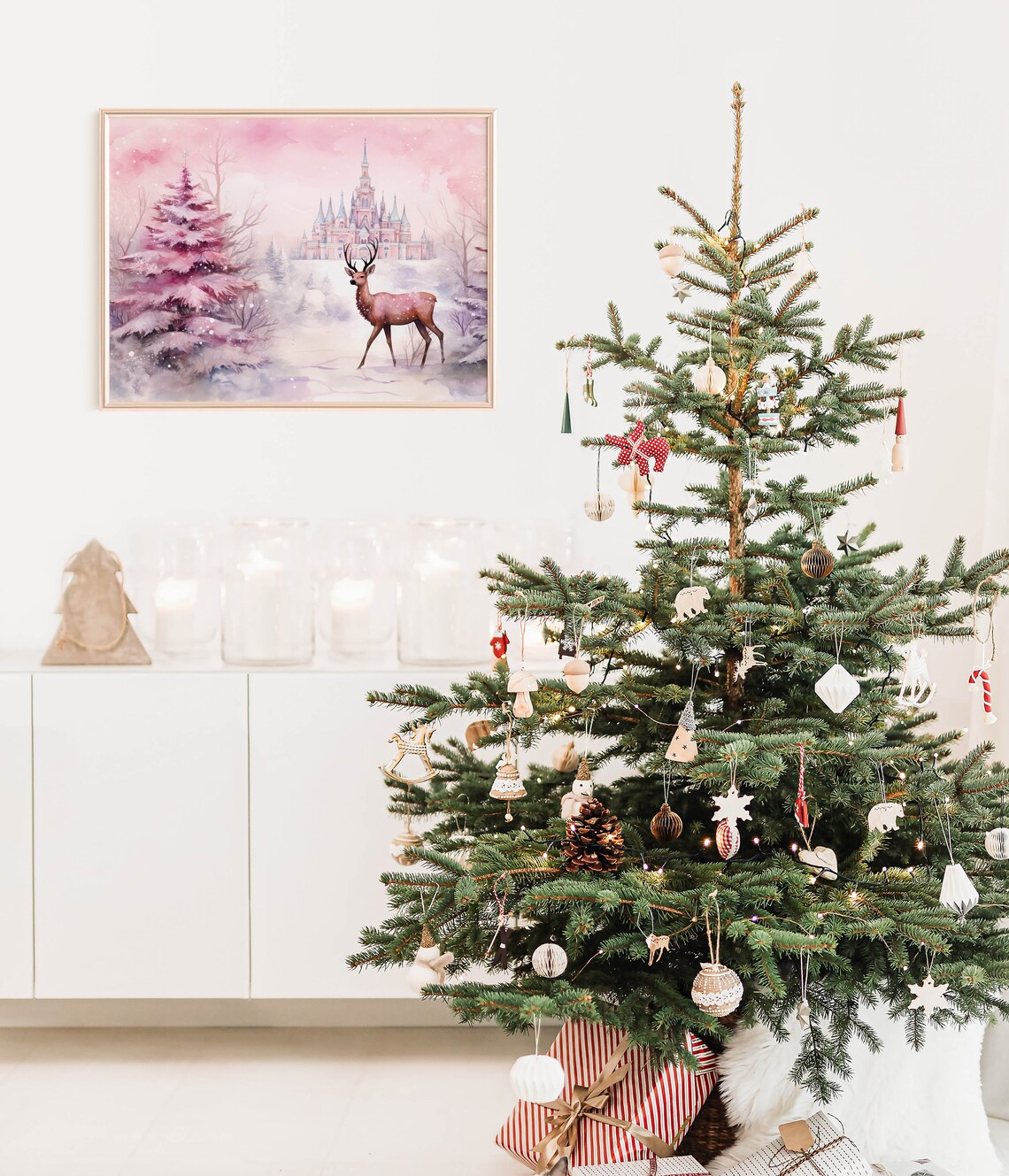 Pink Christmas Reindeer Castle Watercolor Dreamy Holiday Art Print - Image 3