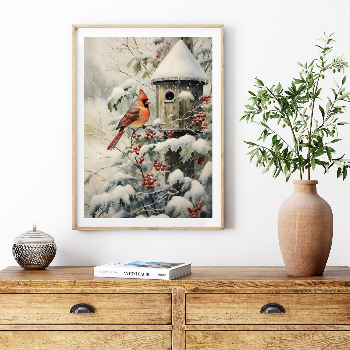 Red Cardinal Snowy Birdhouse Winter Wonderland Berries Art Print - Image 7