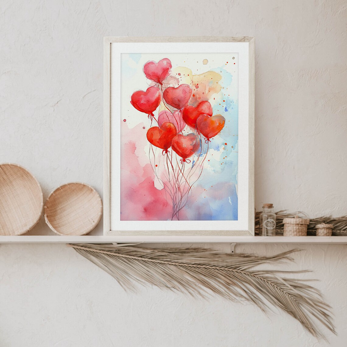 Red Heart Balloons Watercolor Valentine Day Love Wall Poster - Image 3