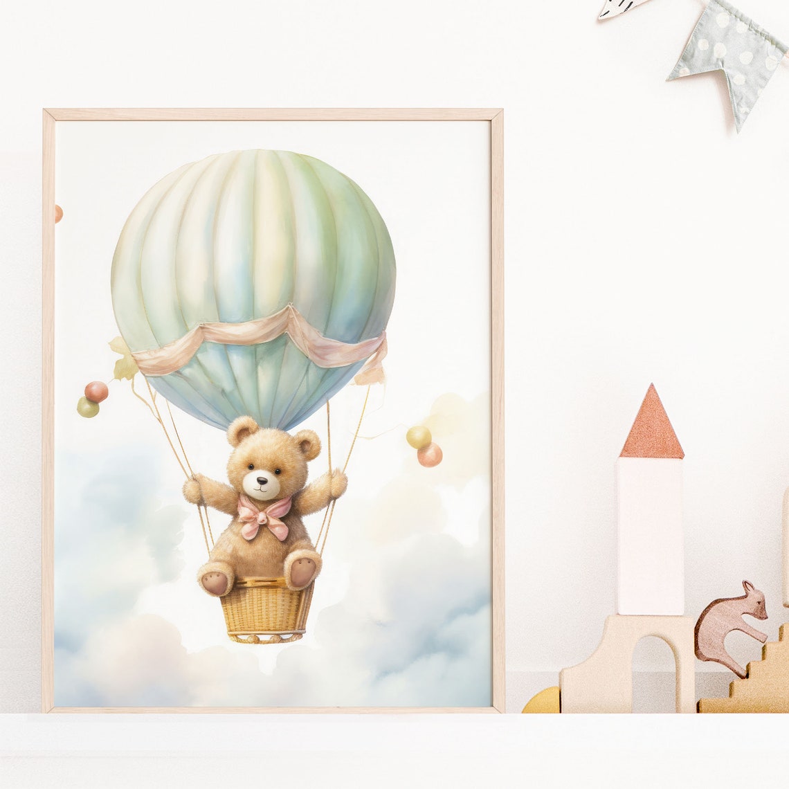 Teddy Bear Riding Hot Air Balloon Blue Sky Clouds Baby Poster - Image 3
