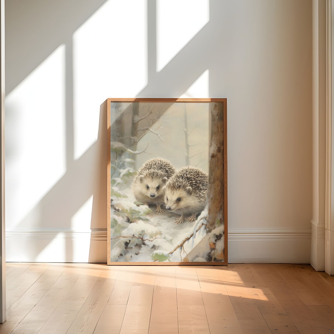 Cute Hedgehog Pair in Winter Snow Forest Nursery Animal Poster - Image 4