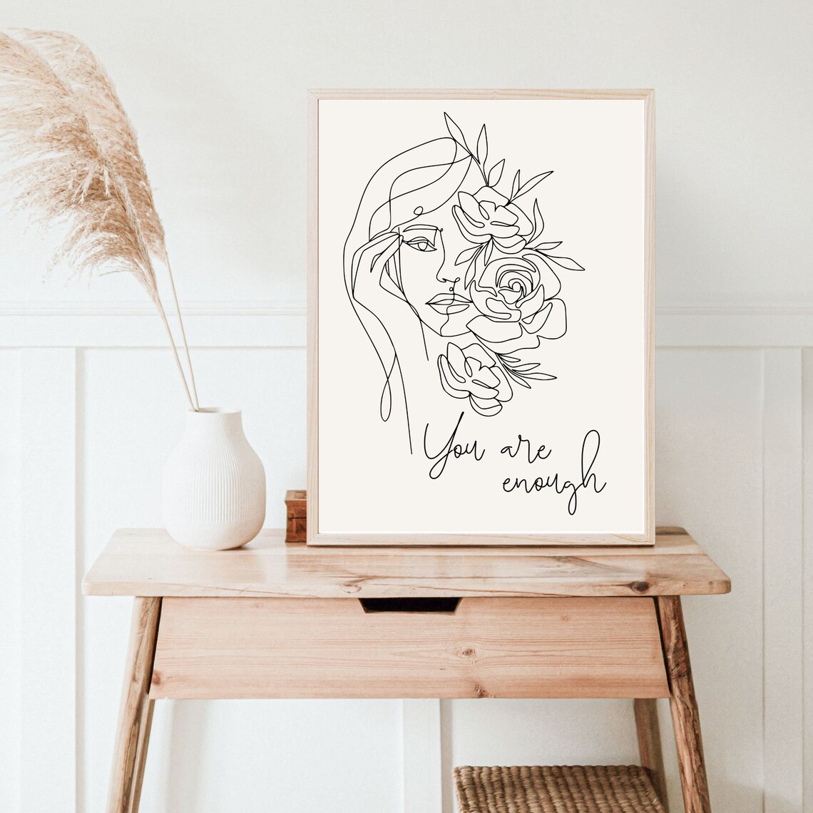 You Are Enough Line Art Woman Flowers Minimalist Wall Poster - Image 3