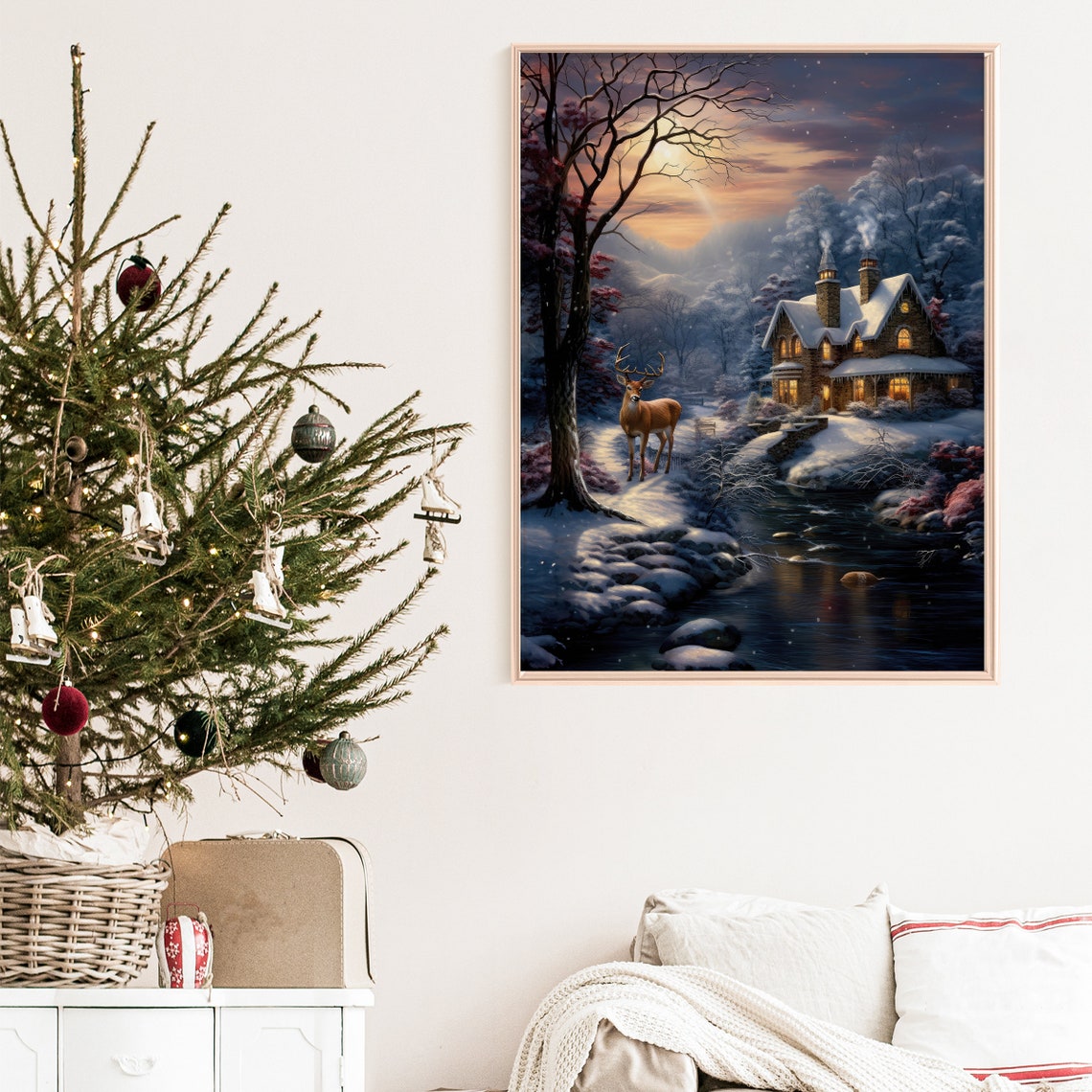 Stag By Moonlit River Near Lit Stone Cottage Winter Night Poster - Image 7
