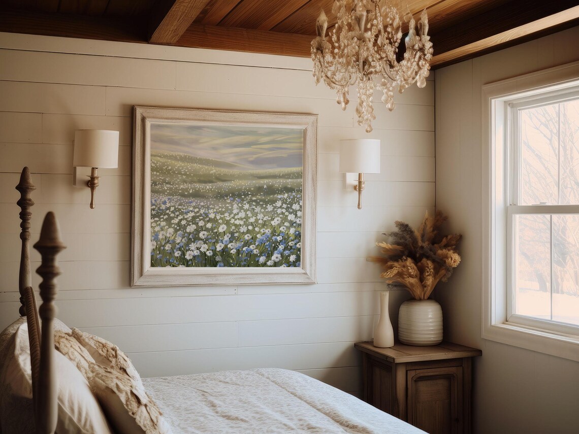 White Blue Wildflower Meadow Golden Hour Country Landscape Art Print - Image 7