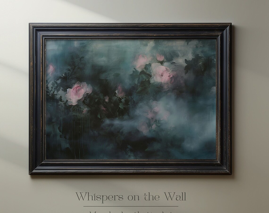 Soft Pink Impressionistic Floral Abstract on Dark Green Moody Poster - Image 5