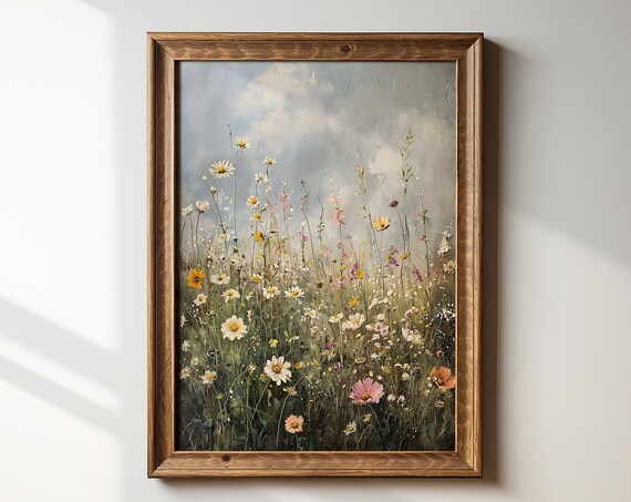 Summer Wildflower Field With Daisies And Cosmos Under Pale Sky Poster