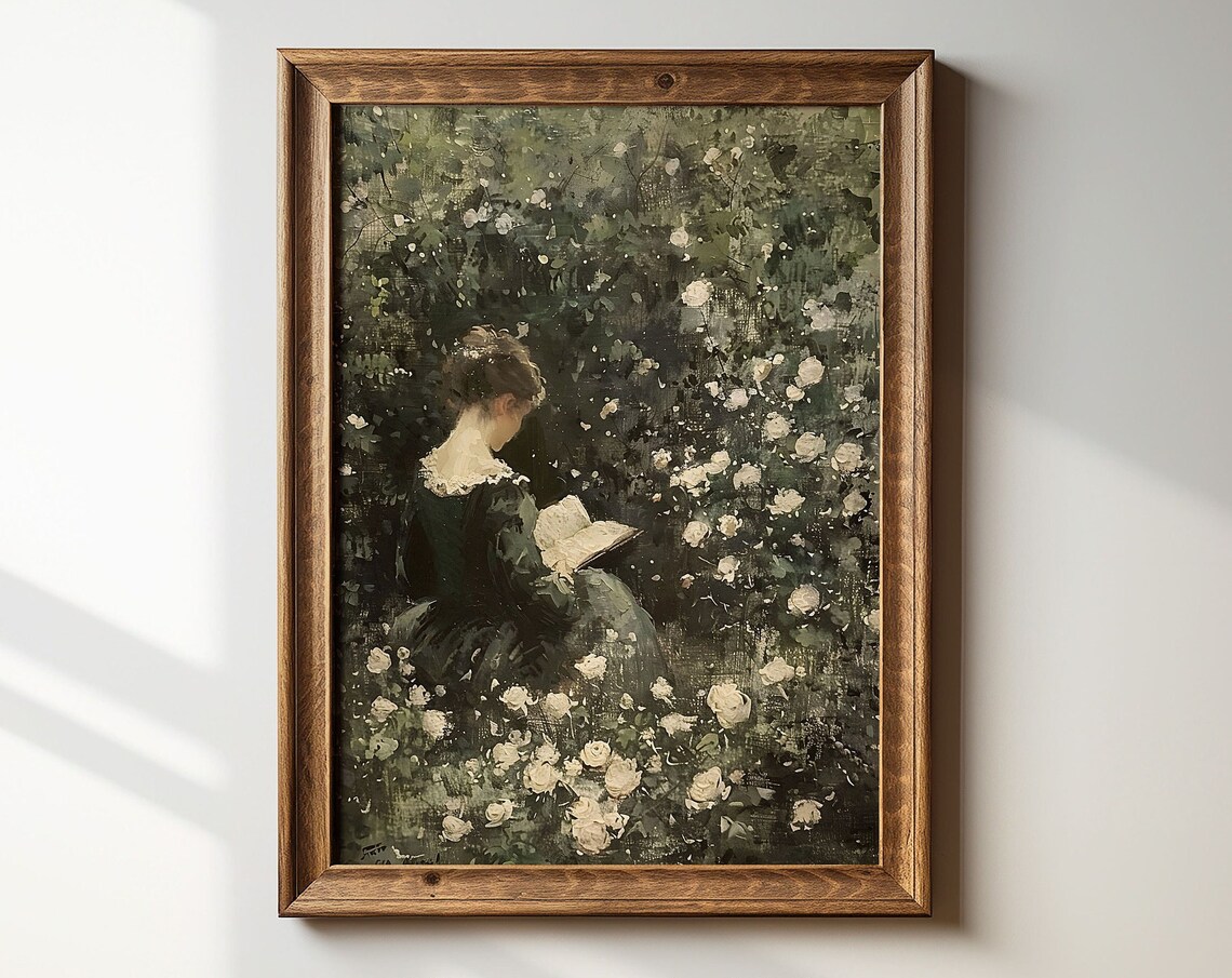Woman Reading Art Print, Moody Summer Victorian Decor
