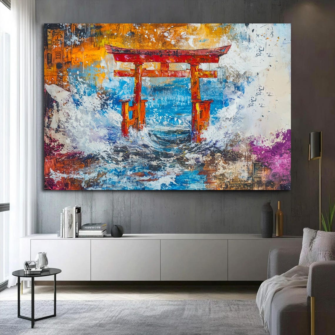 Red Torii Gate Ocean Waves Japanese Abstract Expressionist Poster - Image 3