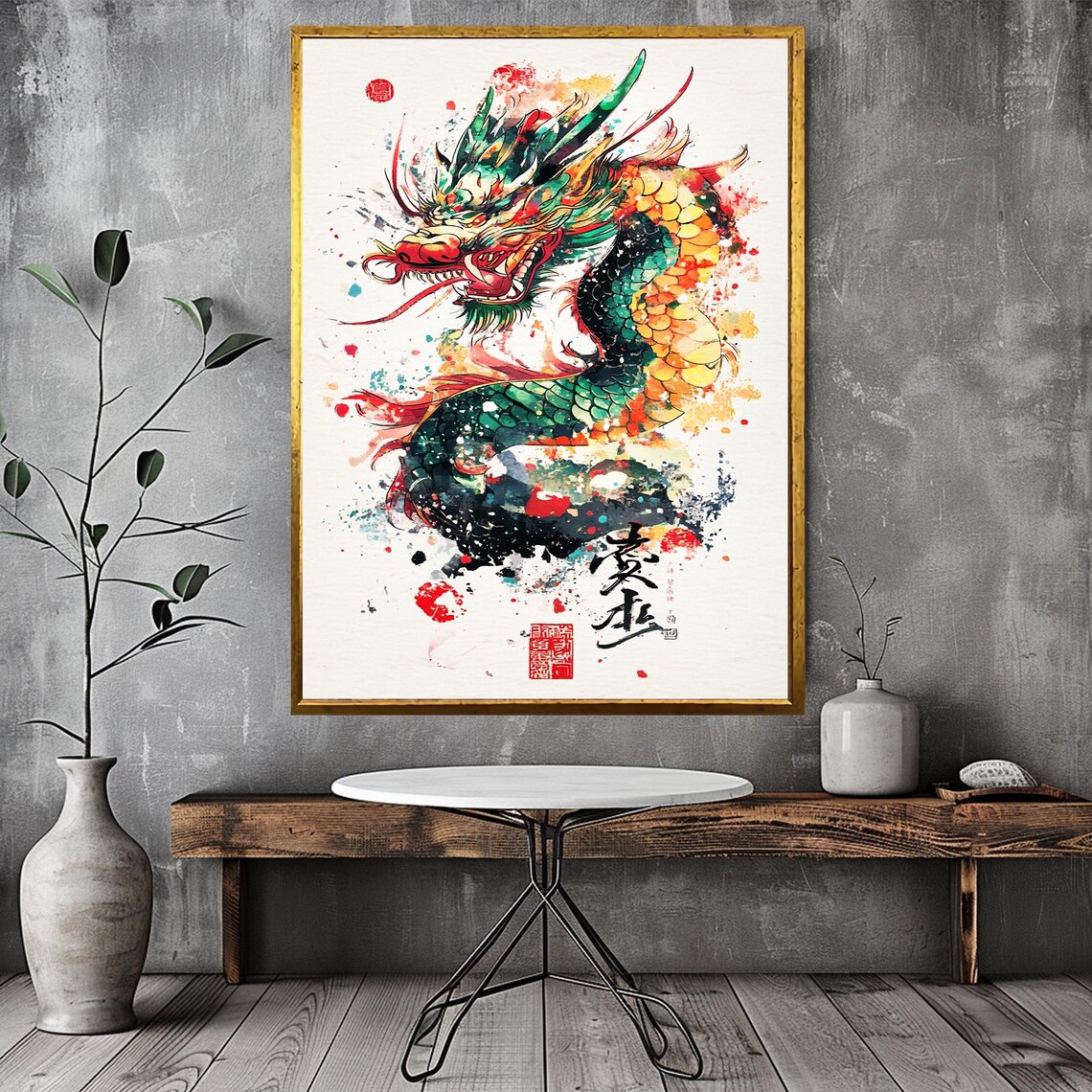 Chinese Dragon Watercolor Ink Splash Red Seals Asian Mythology Art Poster - Image 3
