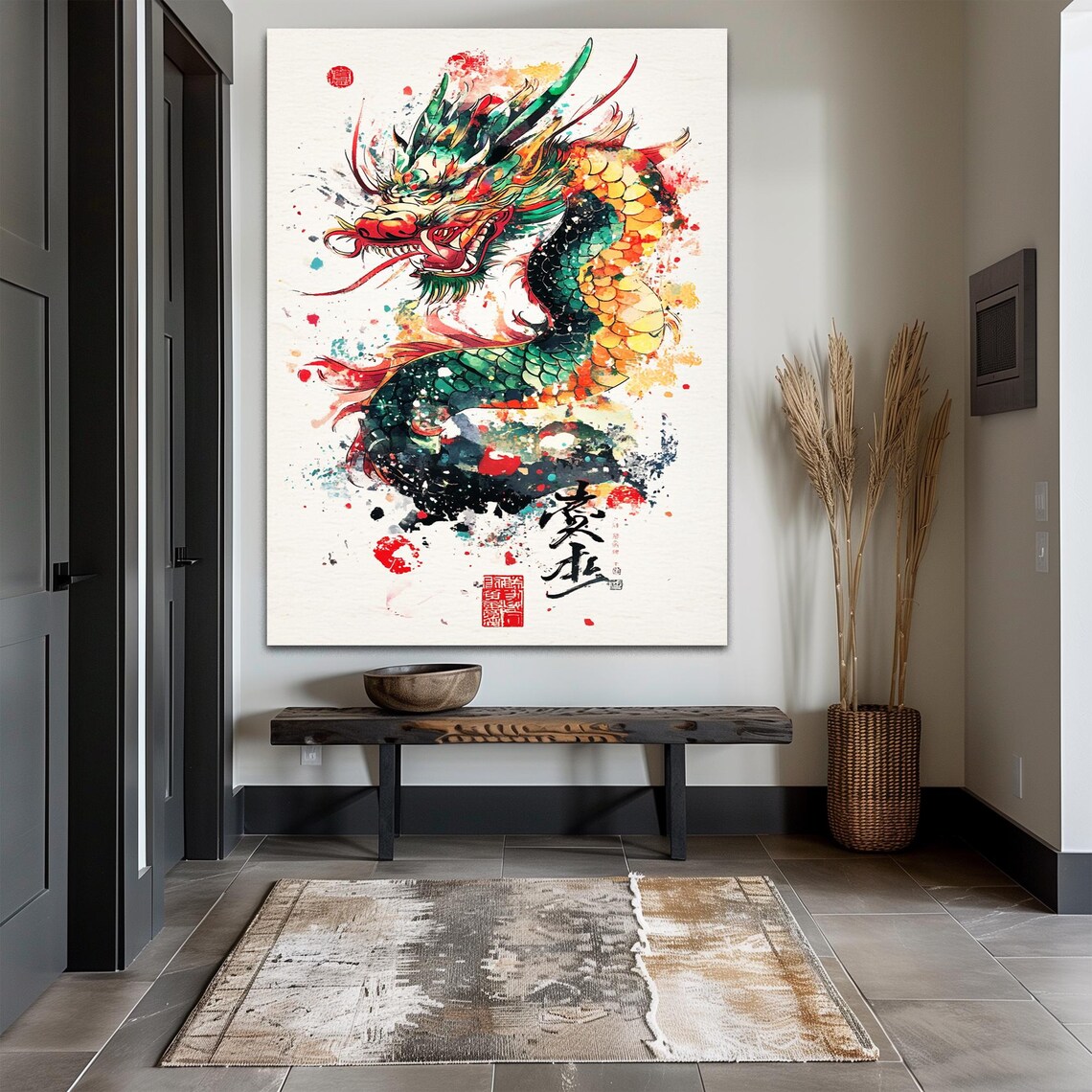 Chinese Dragon Watercolor Ink Splash Red Seals Asian Mythology Art Poster - Image 2