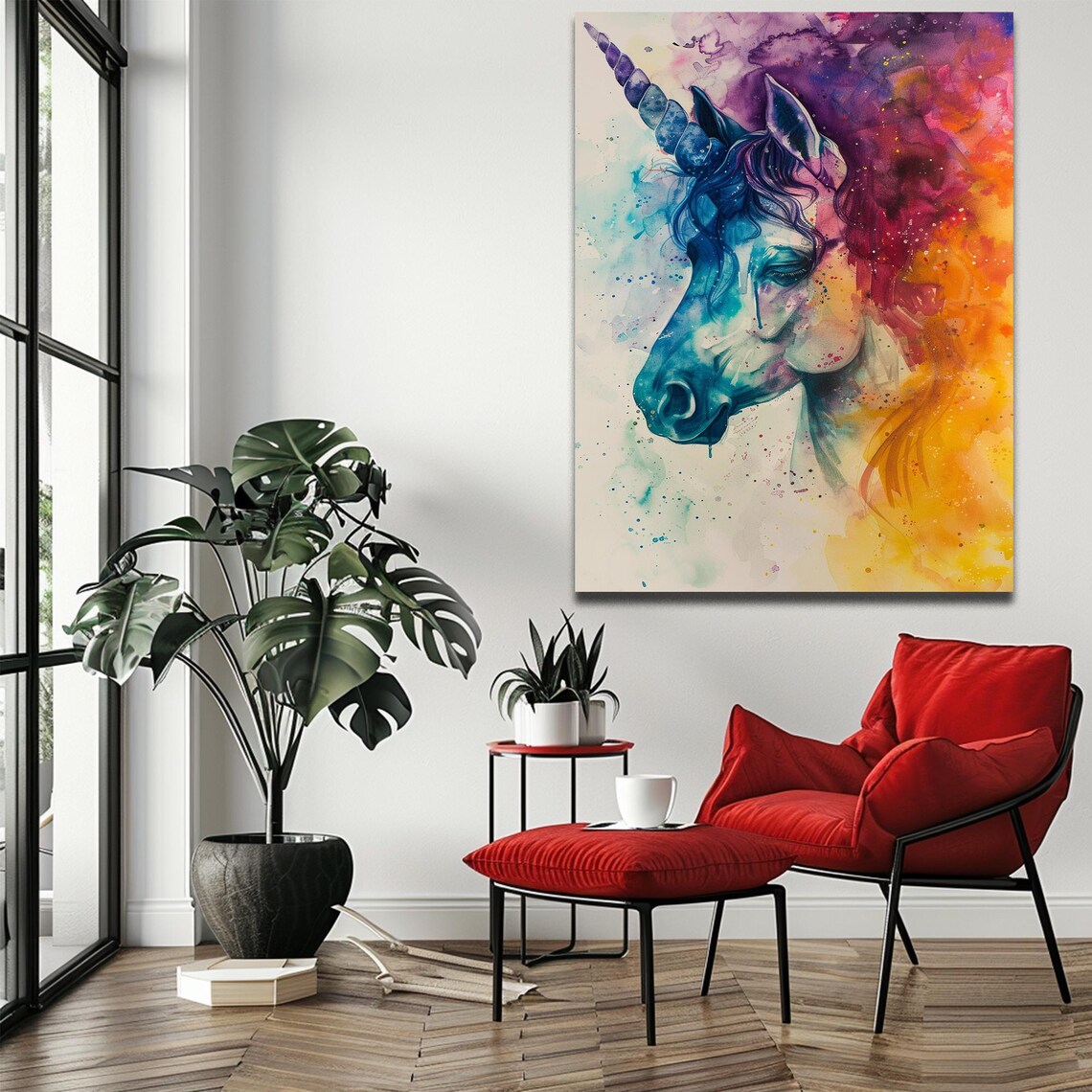 Watercolor Unicorn Head Rainbow Splash Dreamy Fantasy Nursery Art Poster - Image 2
