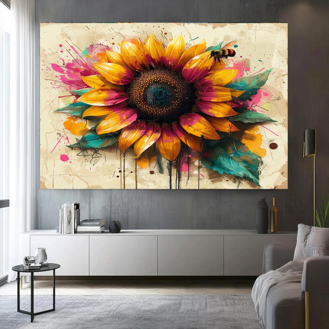 Colorful Sunflower with Bee Botanical Splash Art Floral Poster - Image 2