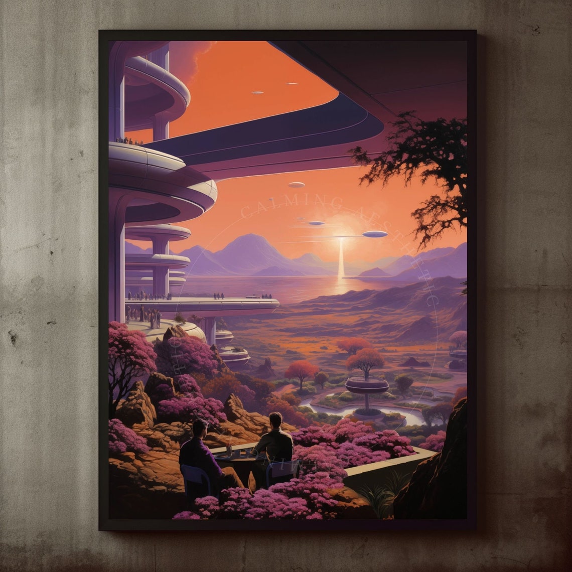Retro Sci Fi Futuristic Terrace Purple Sunset Alien Landscape Poster