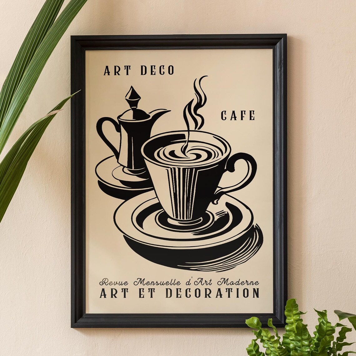 Art Deco Cafe Coffee Pot Cup Black Beige Vintage Kitchen Poster