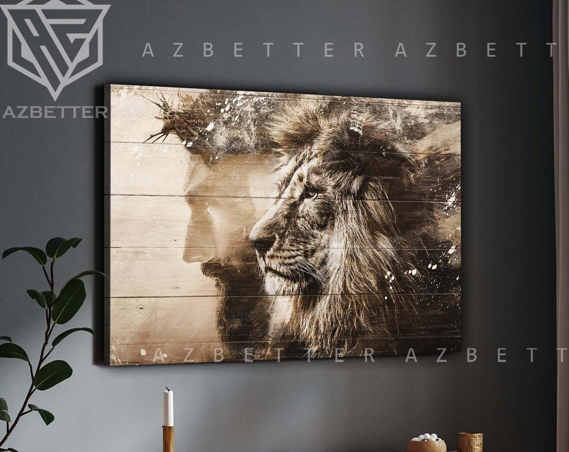 Lion Of Judah And Jesus Crown Of Thorns Sepia Faith Art Poster